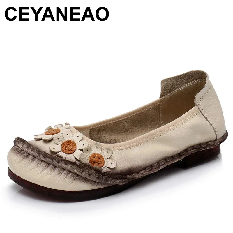 

CEYANEAO Women Flats Handmade Casual Women Shoes Woman Flower Genuine Leather Flat Shoes Ballet Flats Women LoafersE1714