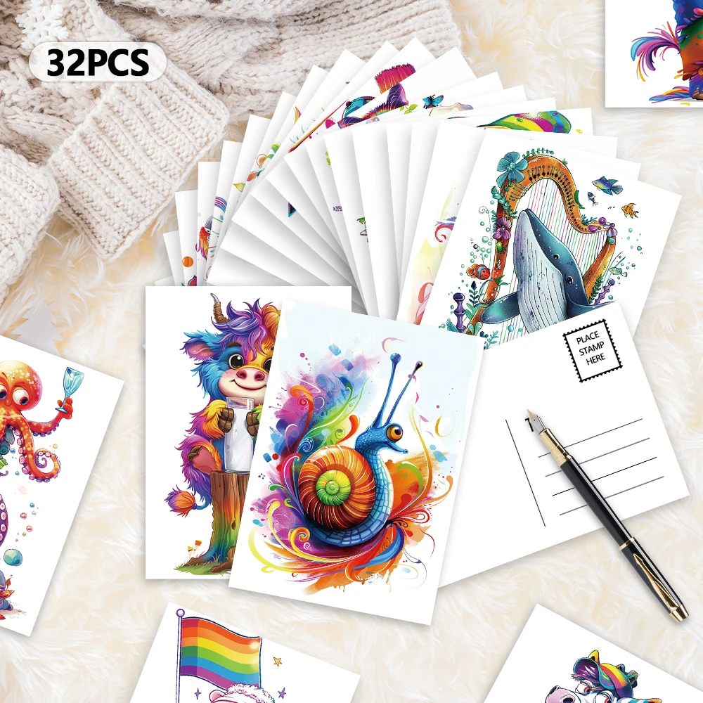 32 Stück Doodle-Tier-Postkarten, kreative Weihnachtsgeschenke für Studenten, Schlafzimmerdekoration, dicker Karton, hochauflösender Druck – Detail 4