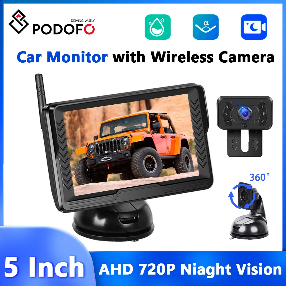 

Podofo Car Rear View Monitor 5Inch Dashboard Waterproof IP69 Rearview Camera IPS HD Touch Screen Backup Monitor Wireless Cam