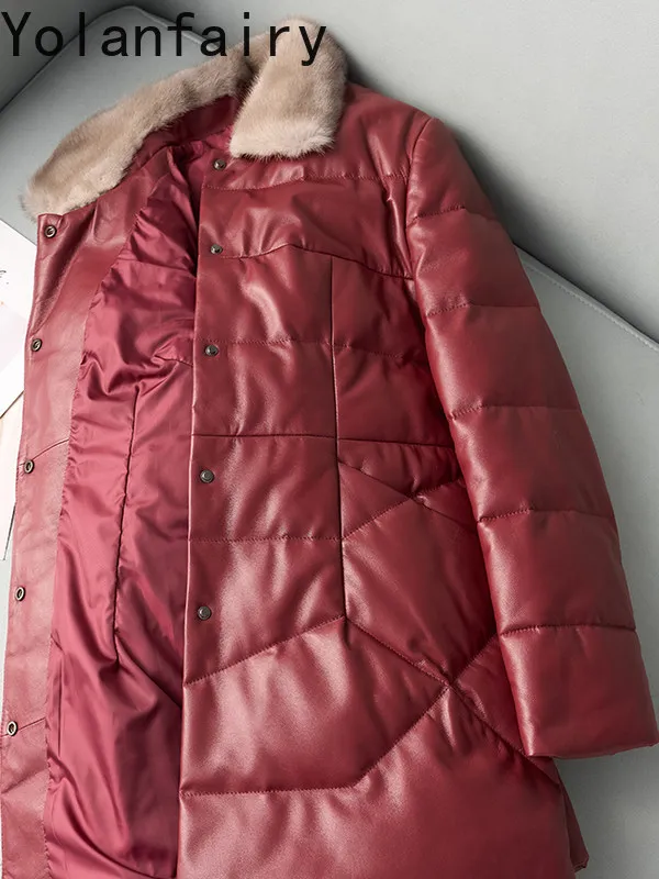 YOLANFAIRY Prawdziwa Skórzana Kurtka Damska z Owczej Skóry Zimowa Średniej Długości Skórzana Kurtka Puchowa z Kołnierzem z Futra Norki Wyszczuplająca Ciepła Czerwona Kurtka Puchowa