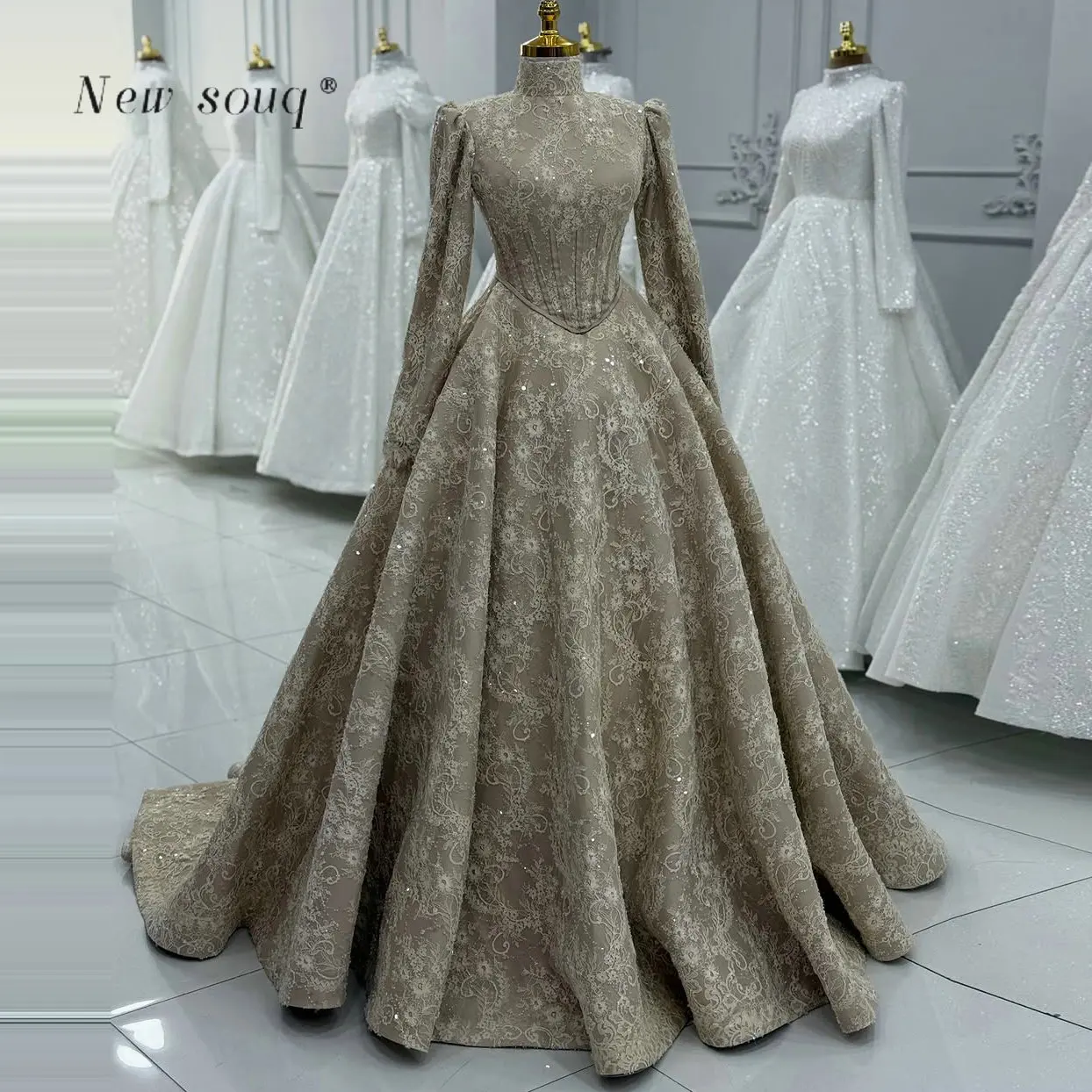 

2026 Muslim High Neck Long Sleeves Lace Evening Dresses Customized Formal Puffy A Line Wedding Prom Party Gowns for Women