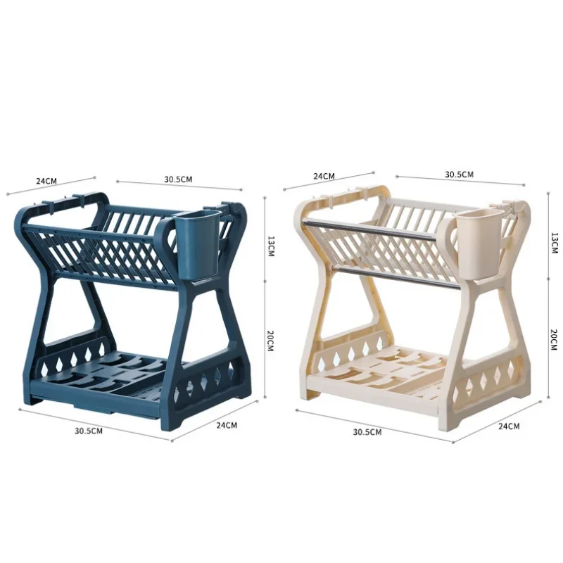 Drying Rack for Kitchen Storage, Double Layer Dish Drainer, Shelf Knife, Fork Container, Holder, Cutting Board Stand