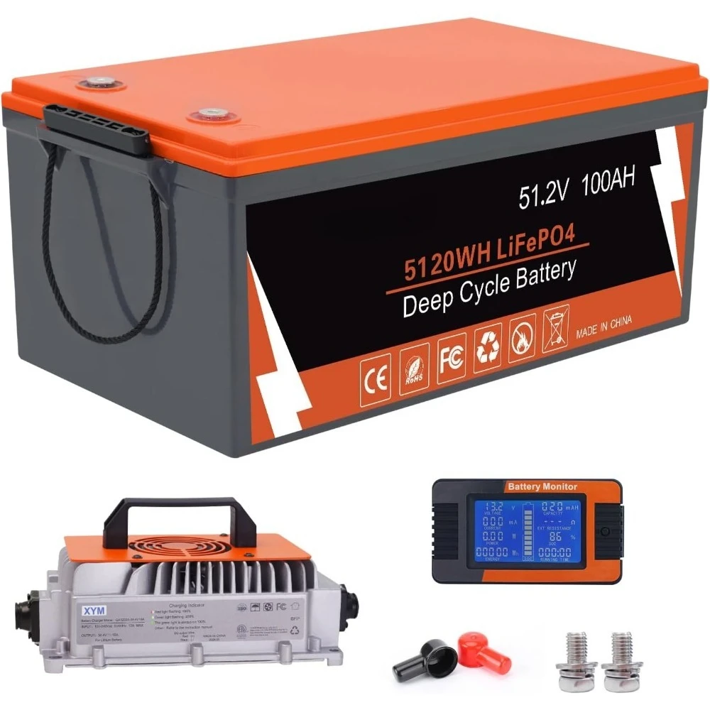

48V 100AH Lithium Battery for Golf Cart w/48V 18A Charger, Monitor, Bluetooth 200A BMS, 10.24kW Output & 1000A Peak