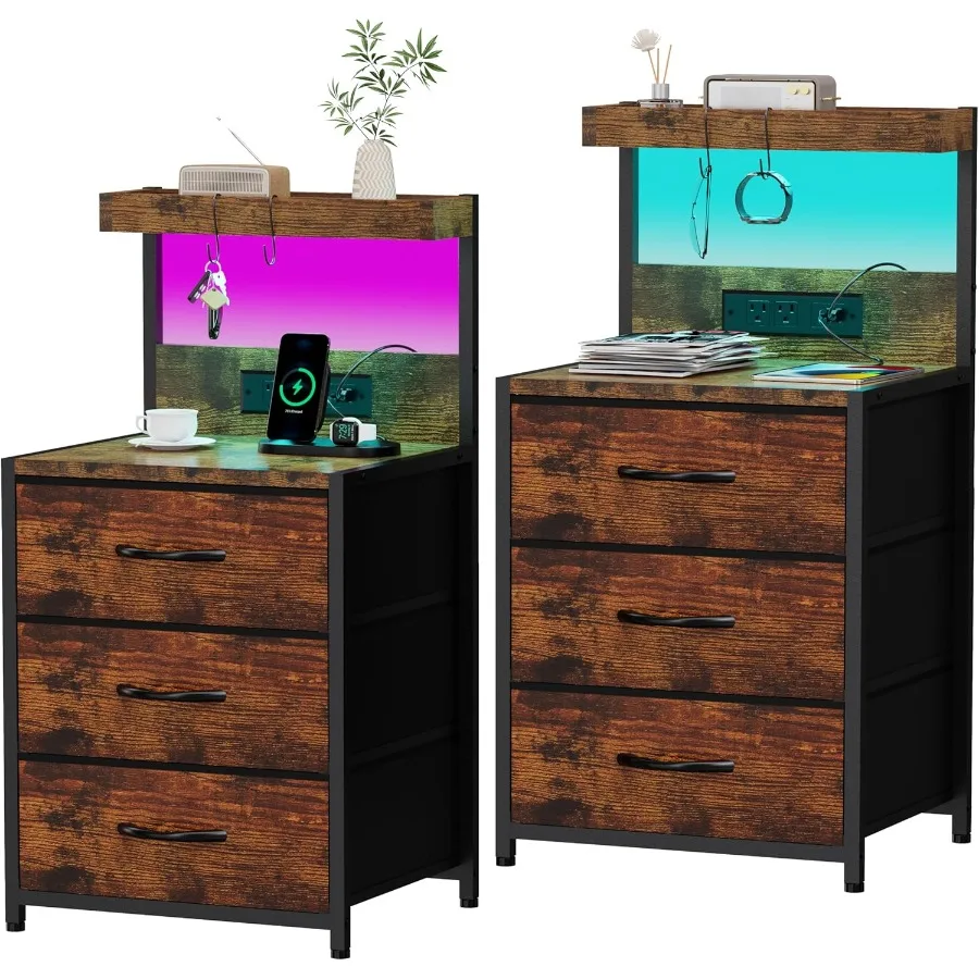 Set of 2 Tall Bed Side Tables with LED Light and USB Type C Charging Station 3 Drawers Storage Dresser Night Stand Featuring Wa