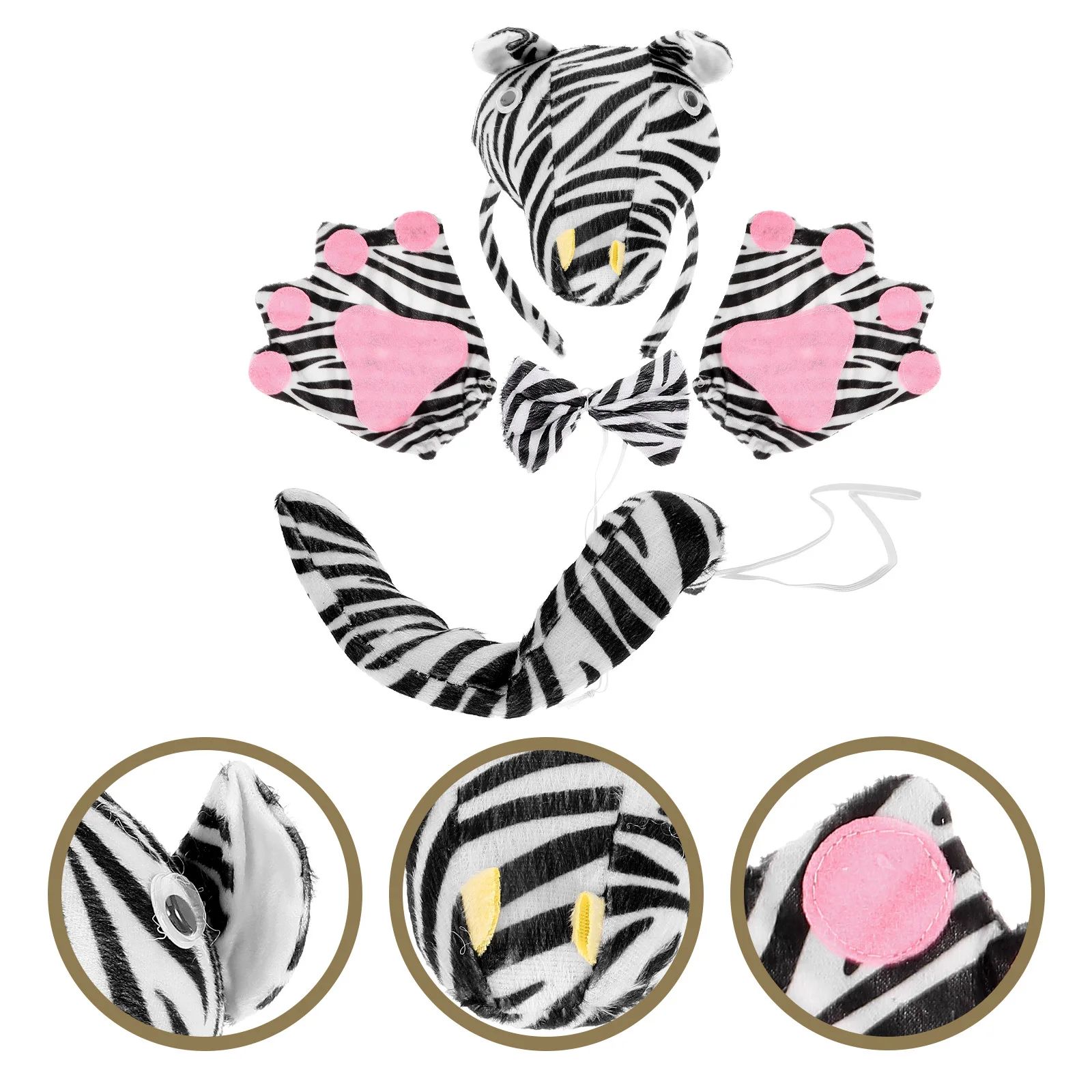 

1Set Zebra Headband Tail Bowtie Gloves Costume Accessories Unique Design for Halloween Cosplay Animal Costume Zebra Headband