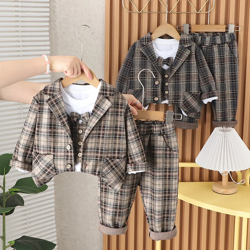 

2024 Boys' Spring Fall Suit Set 3-Piece Formal Wear Kids Party Toddler Boys Birthday Fashion Easy Match Outfit