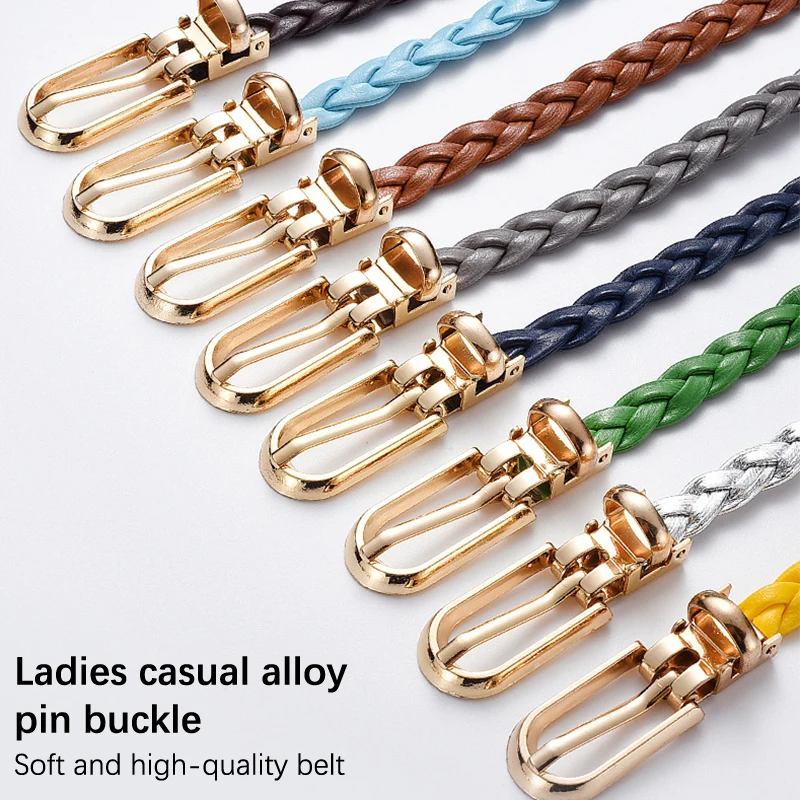 Fashion Women's Weaving Belts Knotted Decor Gold Pin Buckle PU Leather Girdle Candy Color Personality Thin Waistband For Dress