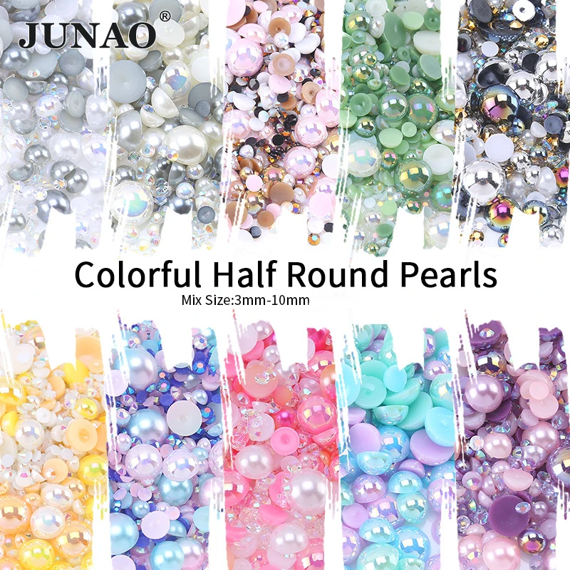 JUNAO 3mm-10mm Mix Size Flatback Pearls AB Rhinestone Imitation Half Round Pearl Non Hot Fix Crystal Stones DIY Clothe Crafts