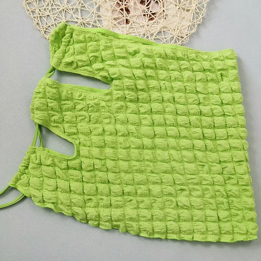 Neon Green Seersucker Swimwear with Skirts Cover Up 3 Piece Bikini Set Sexy Swimsuit Women 2025 String Halter Bikinis Beachwear