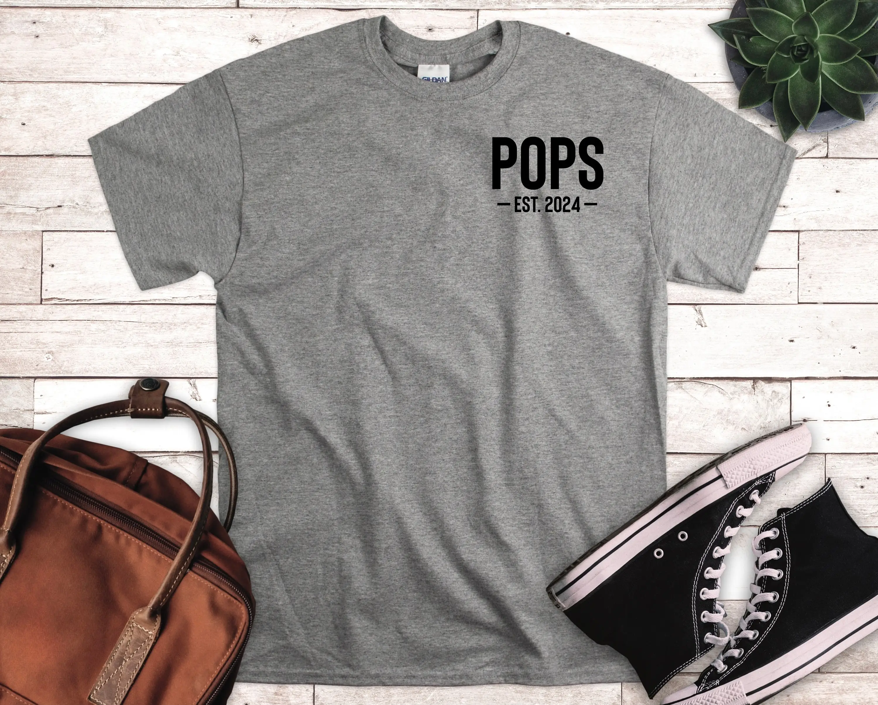 Pops Est 2024 T Shirt New Fathers Day Christmas Birthday Grandpa Papa