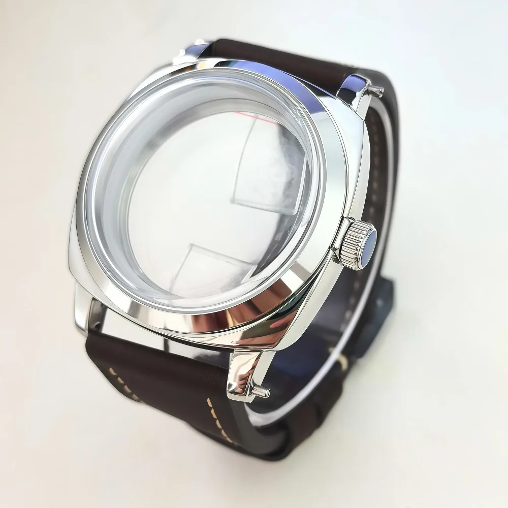 45 مللي متر مصقول ساعة حافظة 100 متر مقاوم للماء حزام ساعة جلدية المسمار تاج صالح ل ST3600 PT مزدوجة قبة الزجاج العضوي المعدني