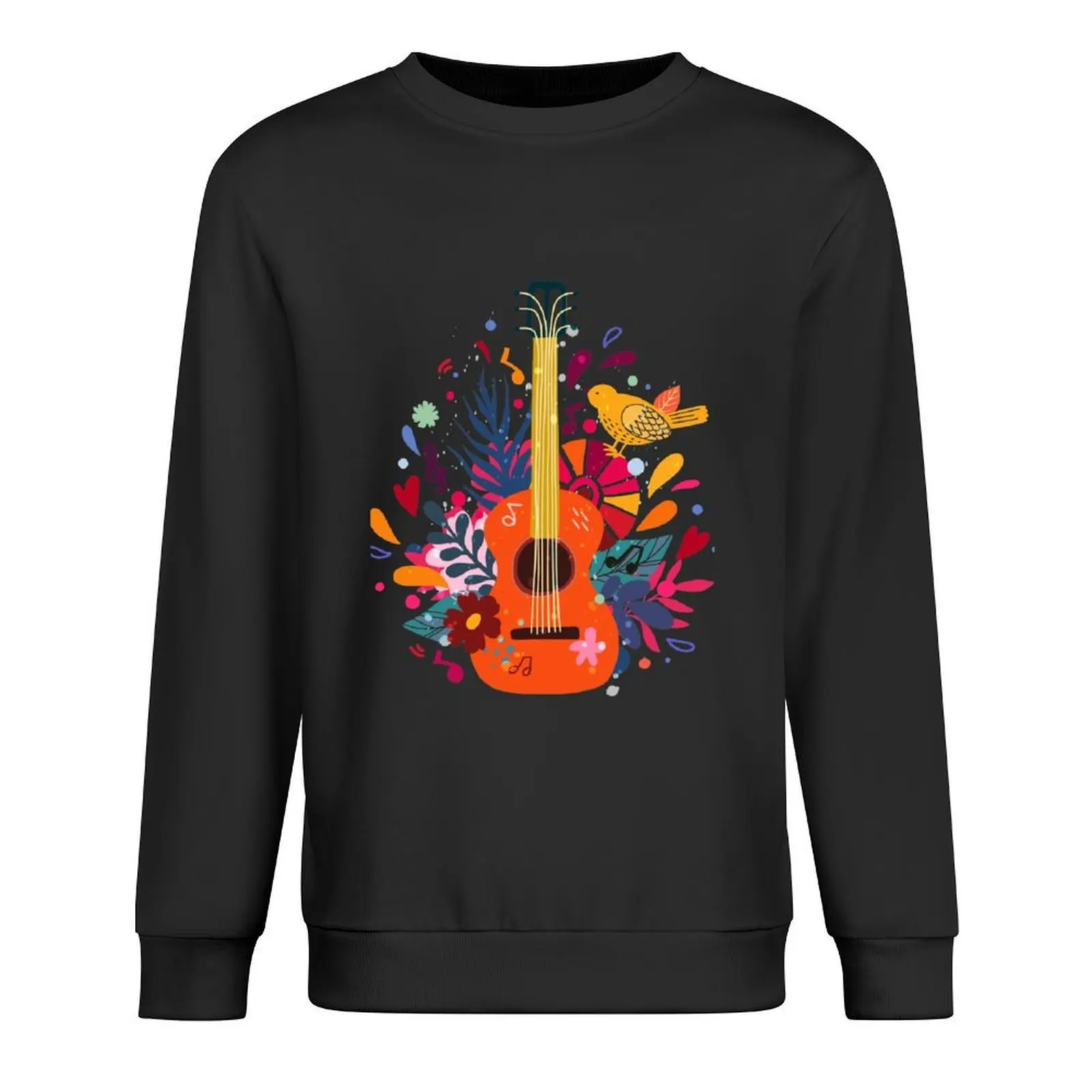 

Guitar flat hand drawn vector illustration. Cartoon guitar with flowers and leaves. Rock band performance Pullover
