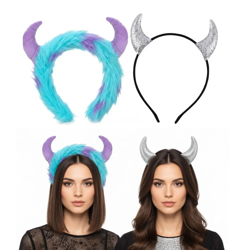2PCS Monster and Devil Horns Headband Set Furry Headpiece and Glitter Silver Devil Horns Halloween Party Cosplay Dress-Up