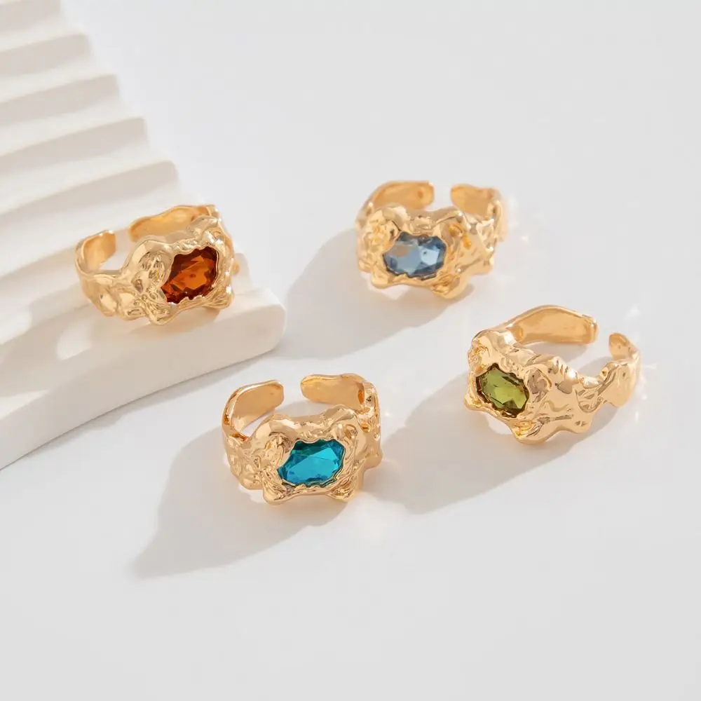 4 pcs Colorful Geometric Knuckle Ring Crystal Bracelets Metal Zircon Pleated Open Ring Stretchable Bangle Folding Ring