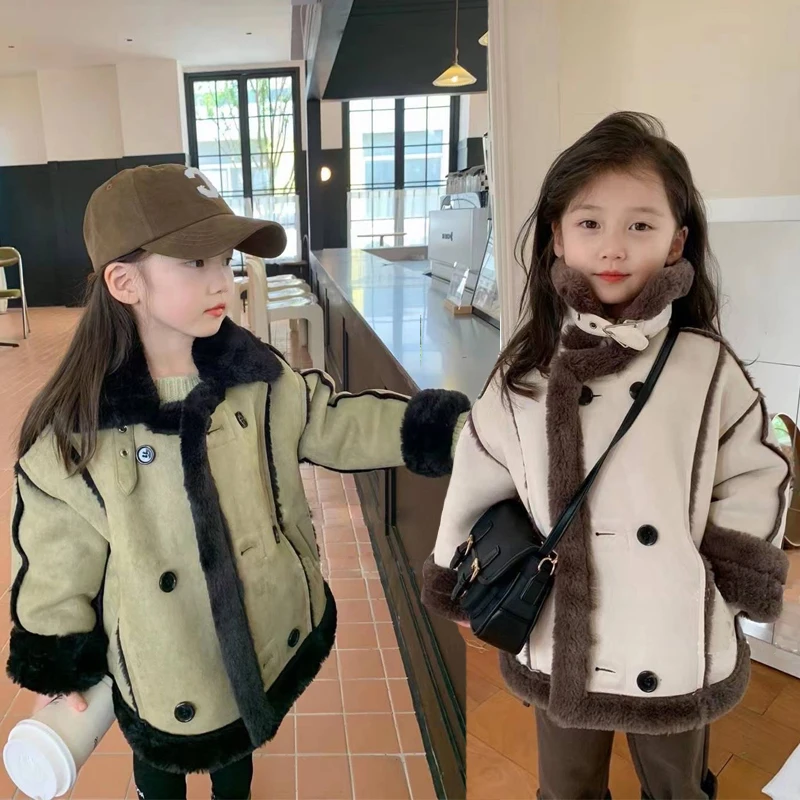 

Зимняя толстая теплая куртка для девочек, плюшевая толстая верхняя одежда в стиле маленького ягненка с длинными рукавами для детей, подарок на день рождения, пальто