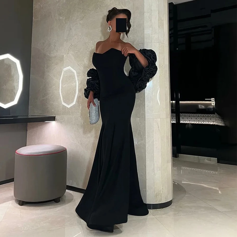 Arya Jersey Black Mermaid Evening Dress Strapless Floor Length with Flower Jacket Customized Women Occasion فساتين سهرات