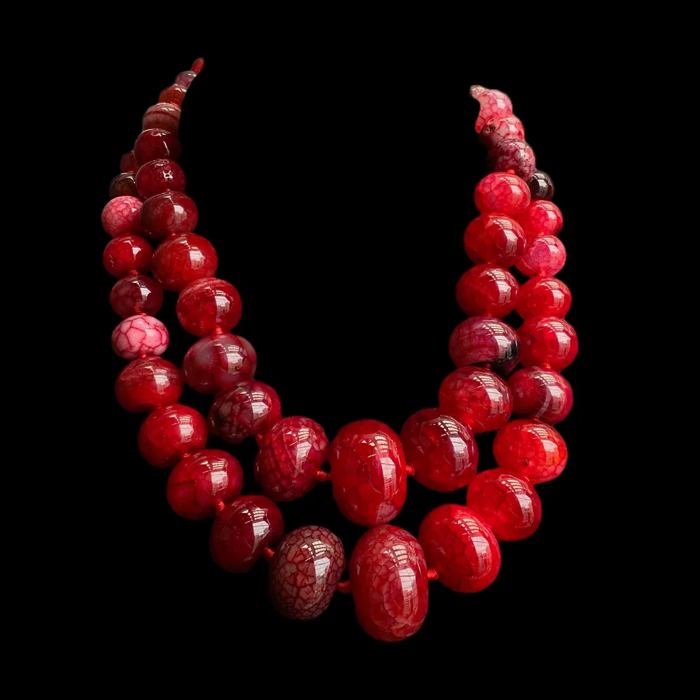yygem 2 rows 8-20mm red fire agate rondelle Necklace Crackle Abacus Bead Hand Knotted Statement Necklace Unique Gift