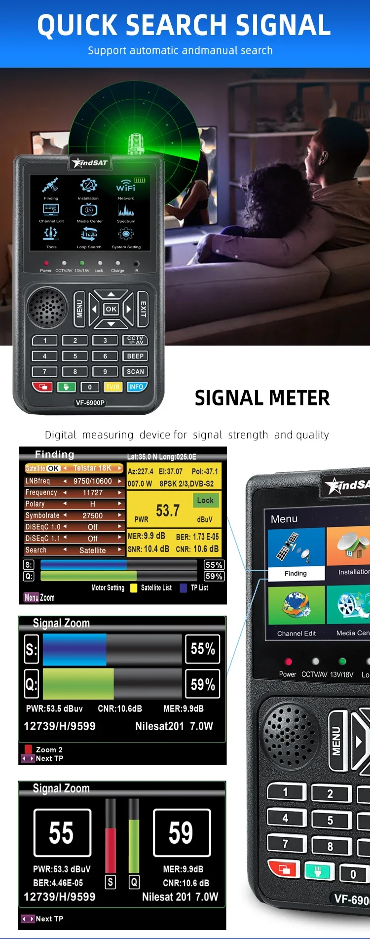 New Satellite Sounder (FindSAT VF6900) DVB-S2 TV Receiver Spectrum Analyzer