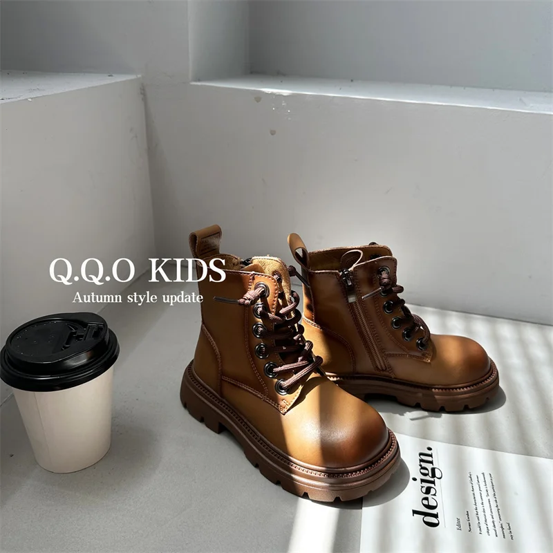 

Children'S Brand Design Cowhide Fashion Short Boots Kids Thick-Soled Lace-Up Martin Boots Solid Color Round-Head Knight Boots