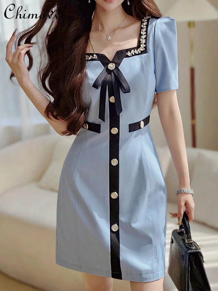 

French Elegant Heavy Industry Rhinestone Square Collar Bow Puff Sleeve Metal Buckle Single-Breasted Slim-Fit Commute Dress Women