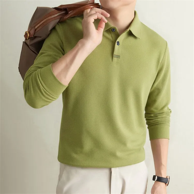 100% Mercerisierte Baumwolle Einfarbiges Business-Casual-Oberteil Herren Old Money Style Langarm-Poloshirt – Detail 13