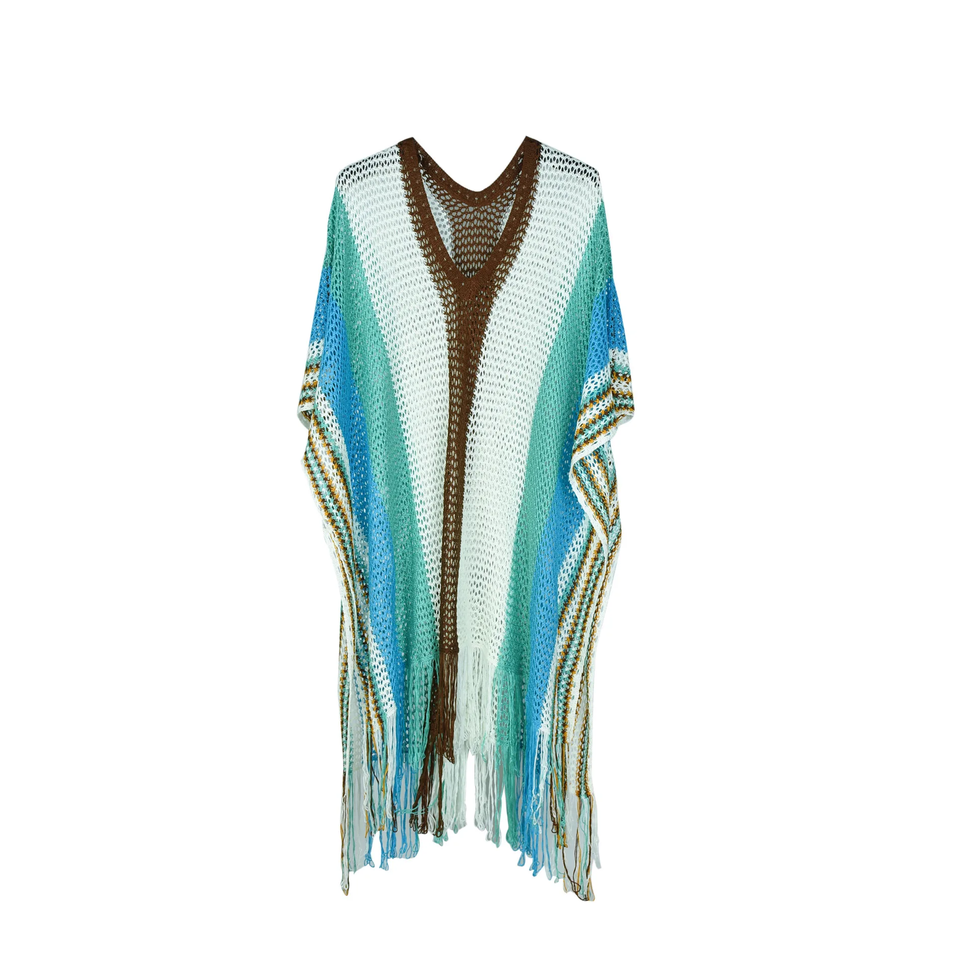 アマゾン カラーブロック ニット タッセル ショール カバーアップ UVカット ビーチドレス 水着 日よけ バケーションスタイル