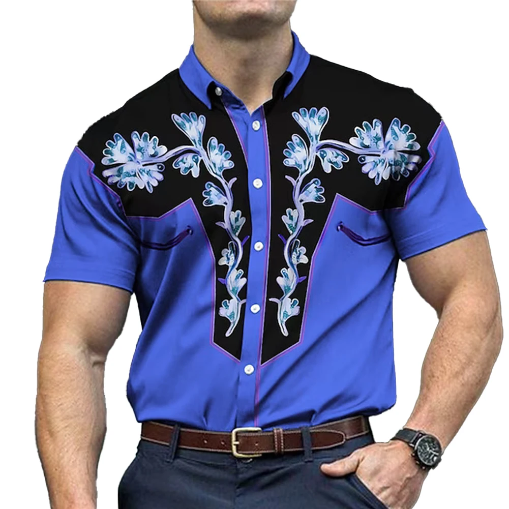 Men Vintage Print Button Up Shirts Hawaiian Short Sleeve Silky Party Dress Shirts