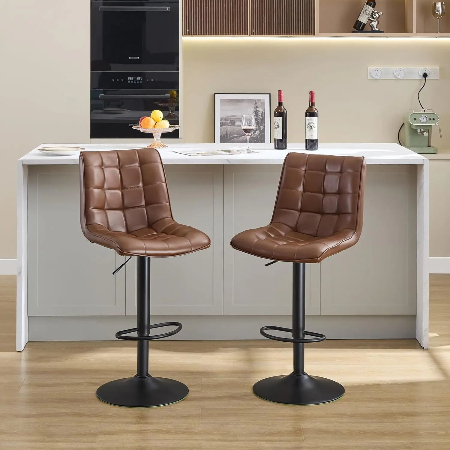 Swivel Bar Stools Set of 2 with Backs, Adjustable Height 24'-33', Modern Brown Faux Leather Kitchen Bar Stools