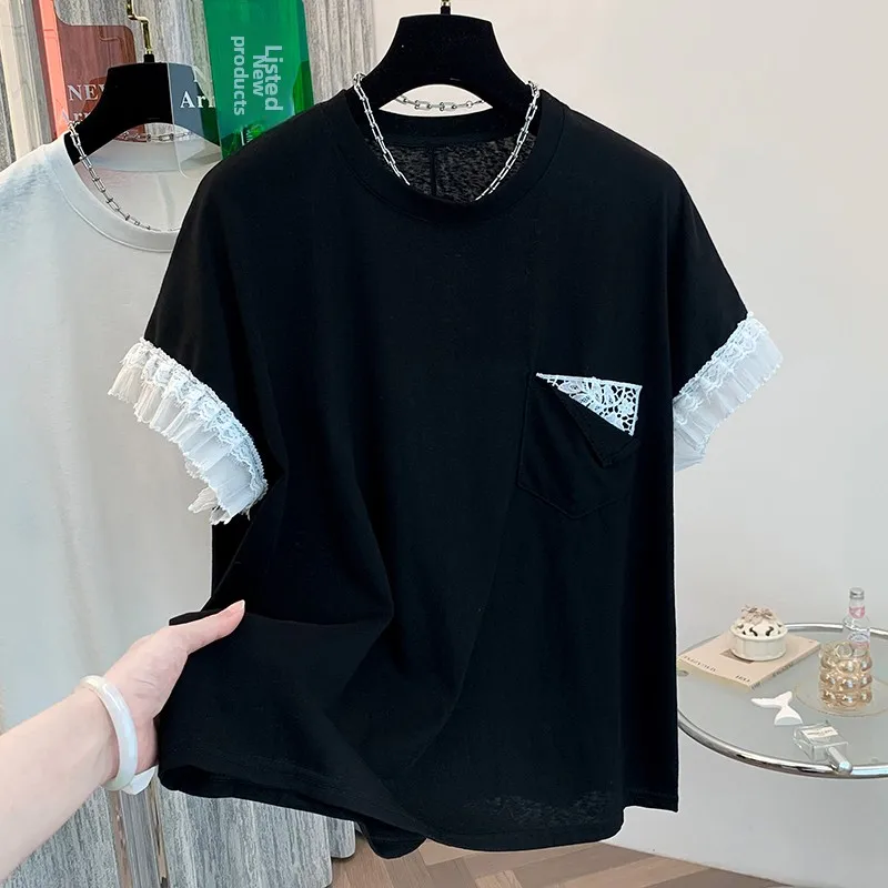 เสื้อยืดไซส์ใหญ่สำหรับฤดูร้อน ตกแต่งด้วยผ้าลูกไม้ ดีไซน์อเนกประสงค์ ผ้าคอตตอนผสม สวมใส่สบาย ทรงกลม สำหรับผู้หญิง