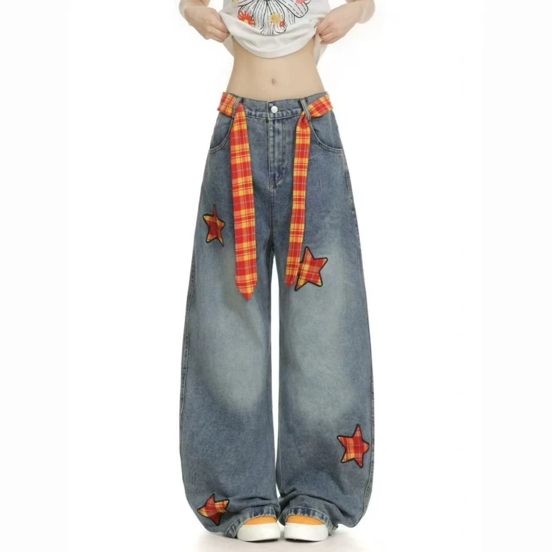 2026 Spring New Water Washed Soft Cowboy with Hanging Star Pattern Patch Stylish Pants for Women