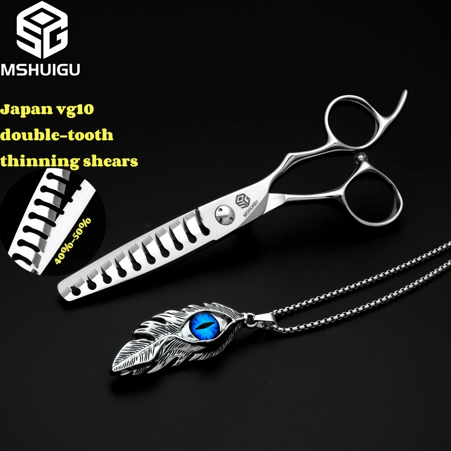 MSHUIGU Professionelle Friseurschere Multifunktionale Effilierschere mit Zähnen auf Beiden Seiten VG10 6 Zoll – Detail 2