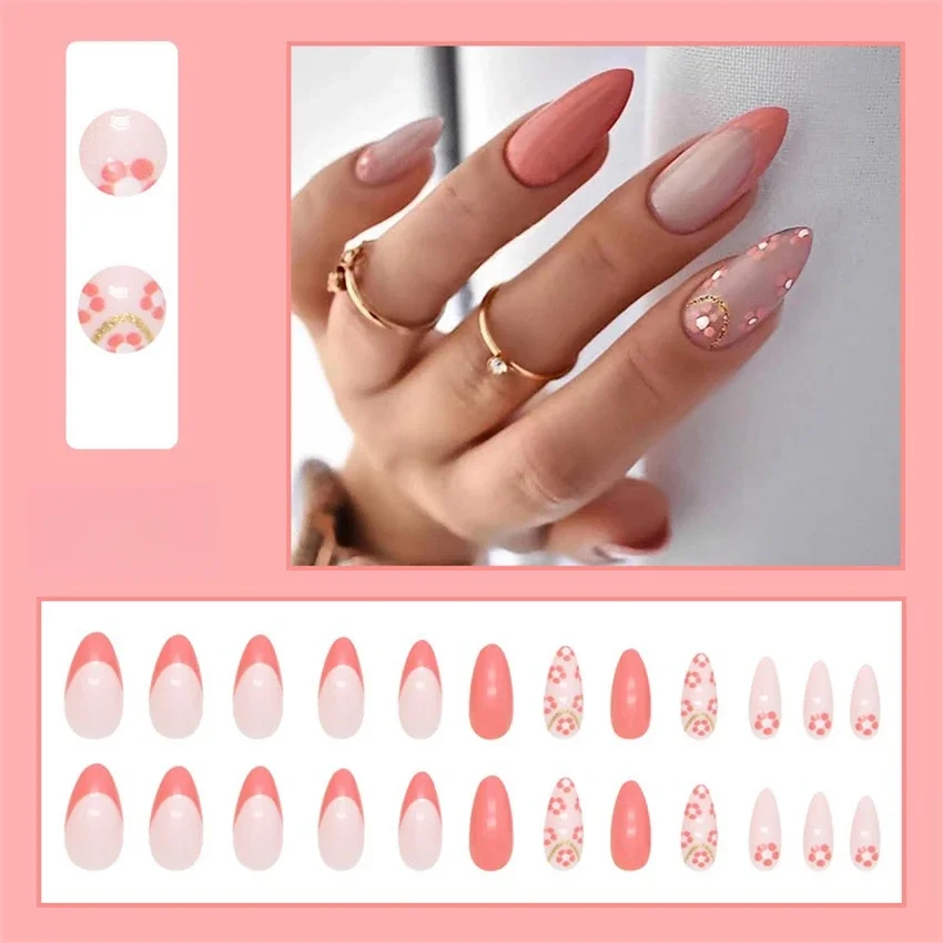 24Pcs/Set Simple White Adhesive Fake Nails French Almond Acrylic Wearing False Nails Full Coverage Fashion Press on Nail Tips