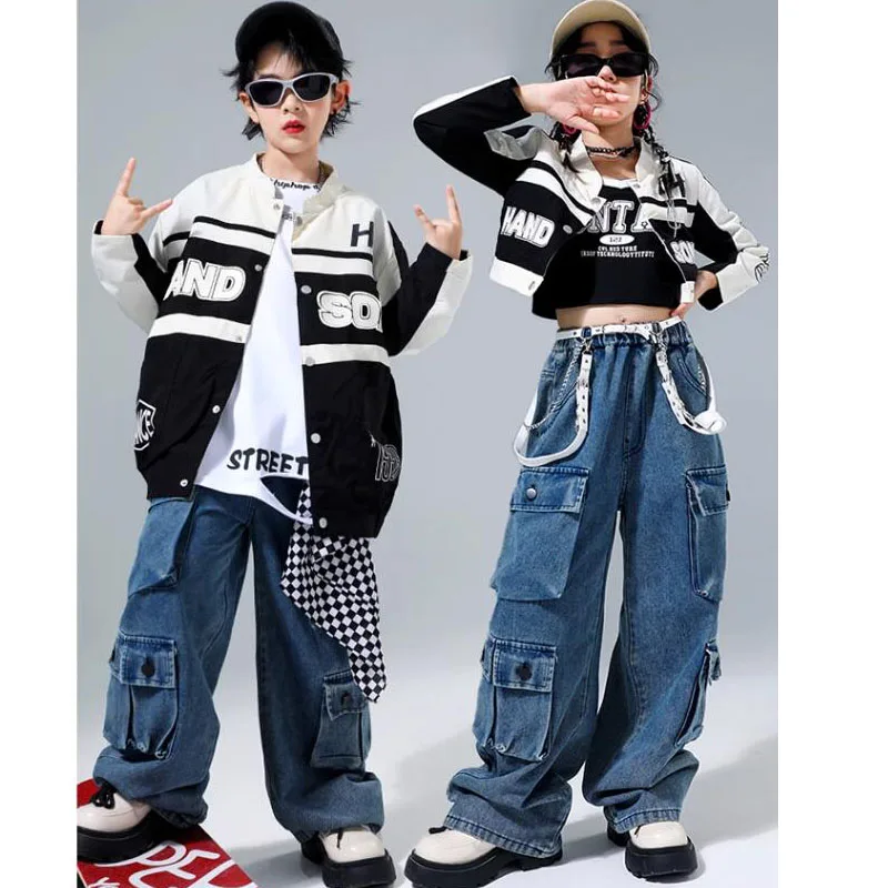 Costumes de danse de rue pour enfants, ensembles de vêtements Hip Hop, veste et pantalon cargo, manteau court noir, streetwear pour garçons et filles, olympiques de jazz