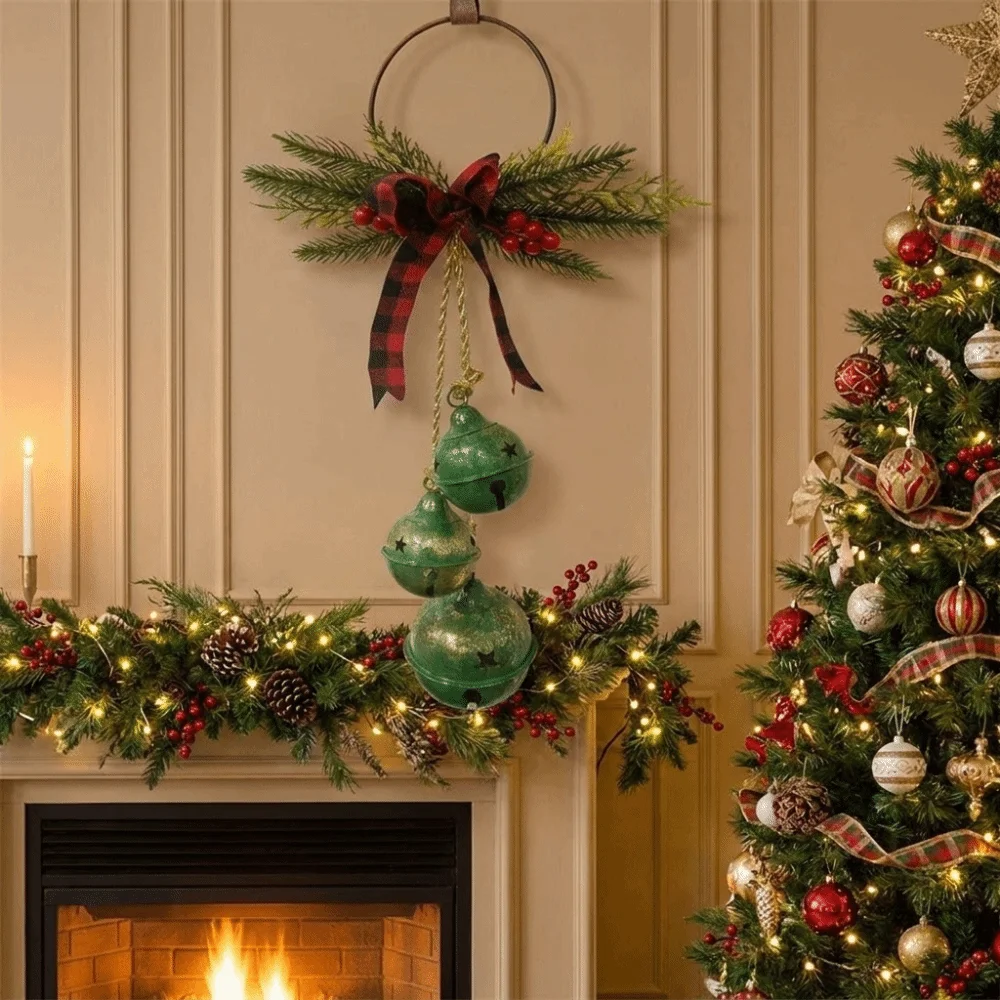 Three-Bell Christmas Tree Bell Decorations Shatterproof Rustic Style Wall Hanging Ornament Festive with Bowknot
