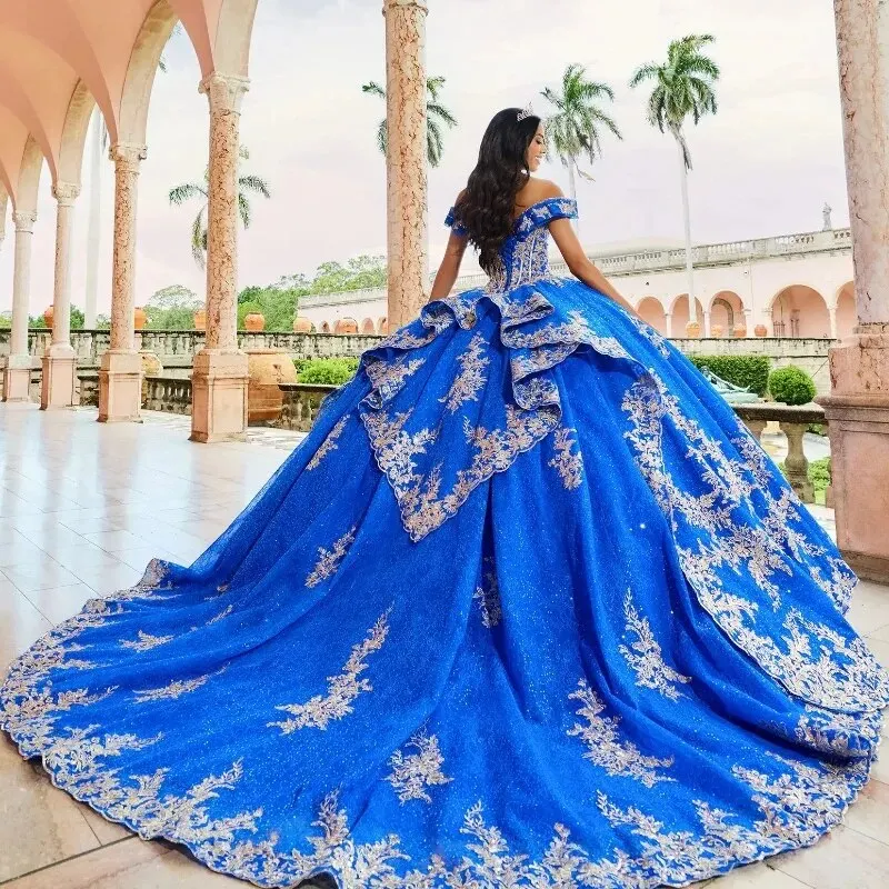 Princess Royal Blue Quinceanera Dress Off Shoulder God Lace Applique Beading Corset Sweet 16 customized