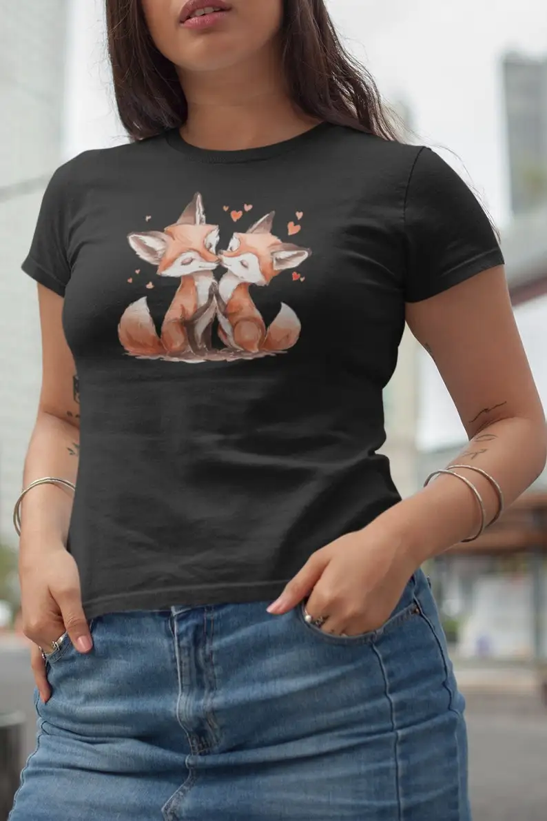 Unisex Foxes Unique Print T-shirt, T de algodão feminino, bonito