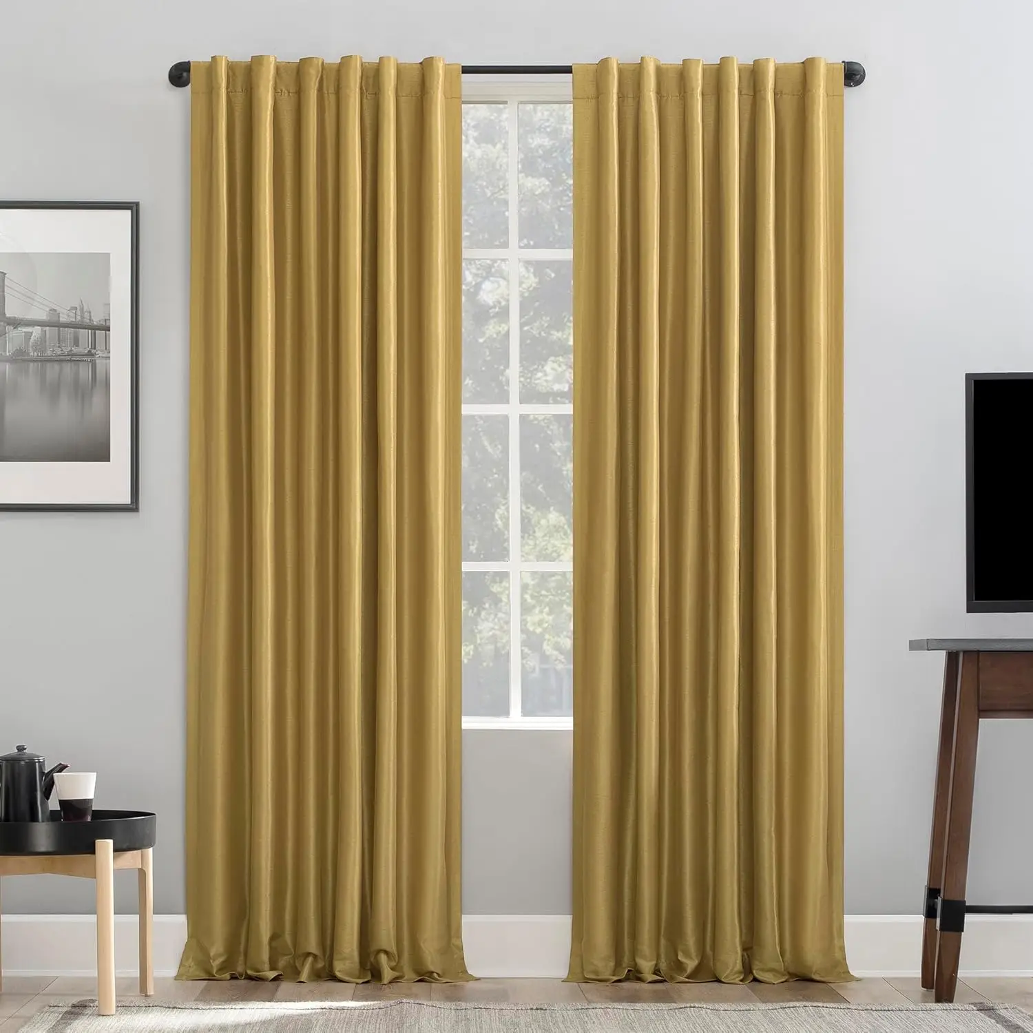 

Greyson Faux Dupioni Silk Thermal Extreme Total Blackout Back Tab Curtain Panel, 50" x 95", Gold