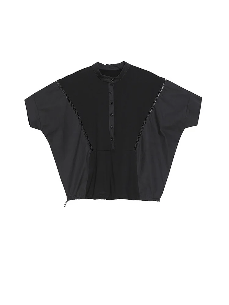 [EAM] Women Black Color-block Big Size T-shirt New Stand Collar Half Batwing Sleeve Fashion Tide Spring Summer 2024 1DE9318