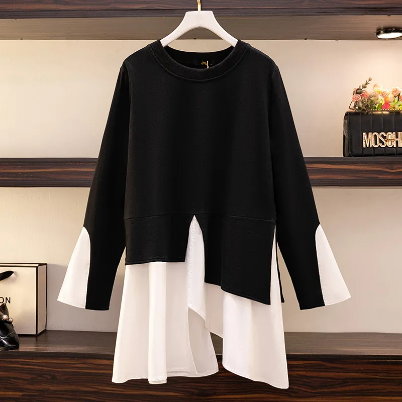 150Kg Large Size Women's Loose Spring Autumn New Contrast Color Stitching Long Sleeve Irregular T-Shirt 5XL 6XL 7XL 8XL 9XL