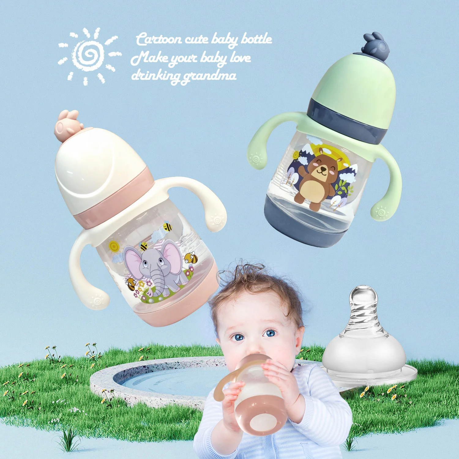 240ml Large Capacity Children\'s PP Bottle Chicken Shape Early Learning Fun Bottle Silicone Imitation Breastmilk Nipple BPA Free