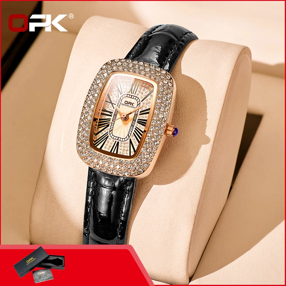 OPK 8616 Elegant Luxury Womens Quartz Watches Waterproof Full Diamond Bezel Roman Dial Leather Strap Original Ladies Wristwatch