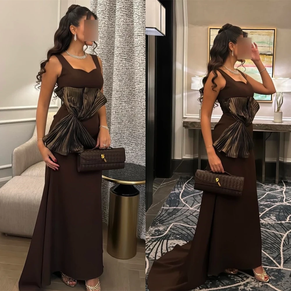 تخصيص حساسة البني جيرسي مساء اللباس أنيقة رشيقة ساحة طوق السباغيتي الأشرطة فساتين المناسبات الخاصة