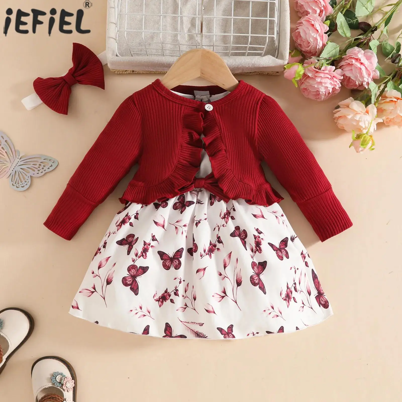 

Весенне-осенняя одежда для маленьких девочек, кардиган в рубчик с длинными рукавами и платьем с принтом бабочки, повязка на голову, праздничная повседневная одежда