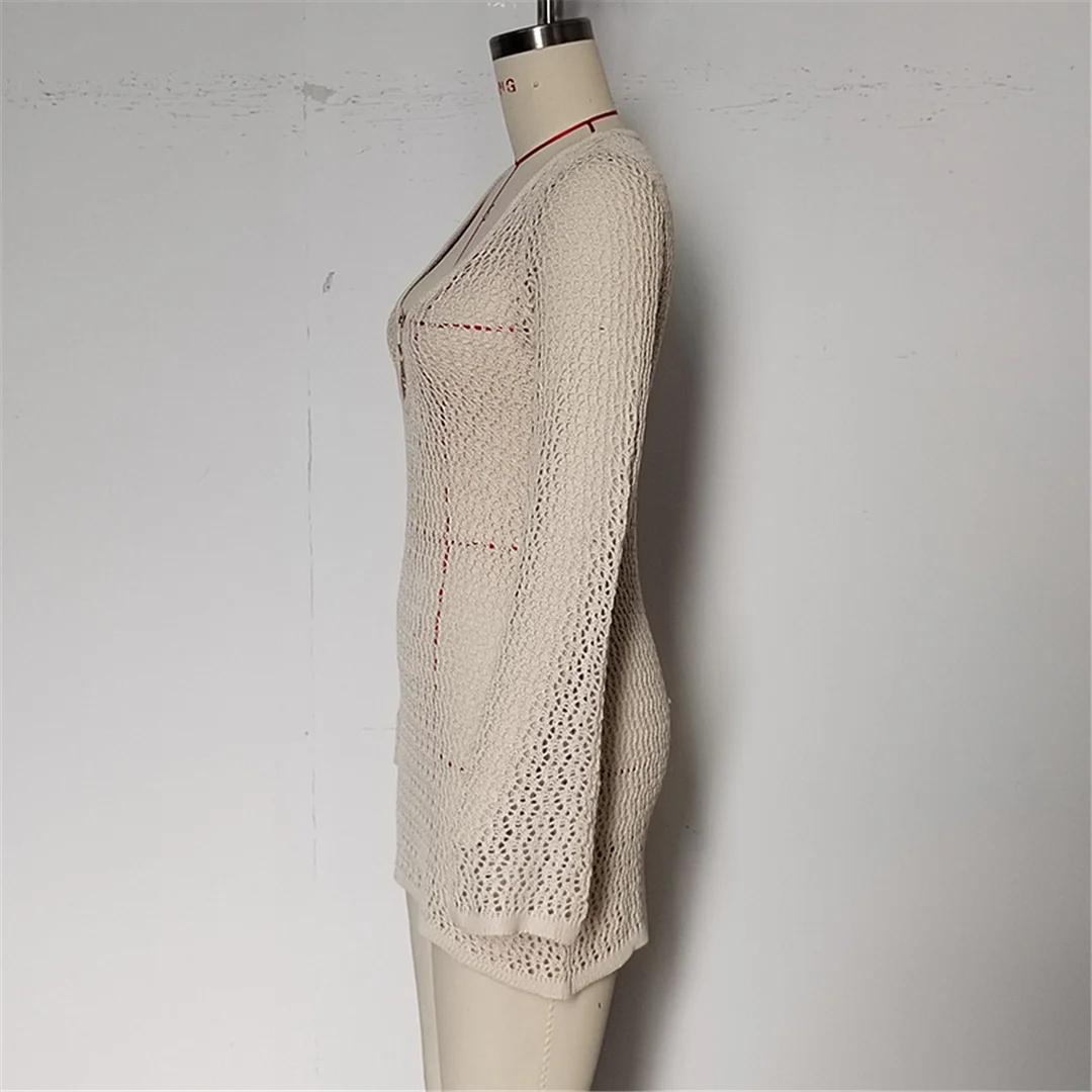 Langärmliges, ausgeschnittenes, gehäkeltes, gestricktes Tunika-Strandkleid, Strandkleidung, Strandbekleidung, Strand-Cover-up, Damen, V6552 – Detail 14