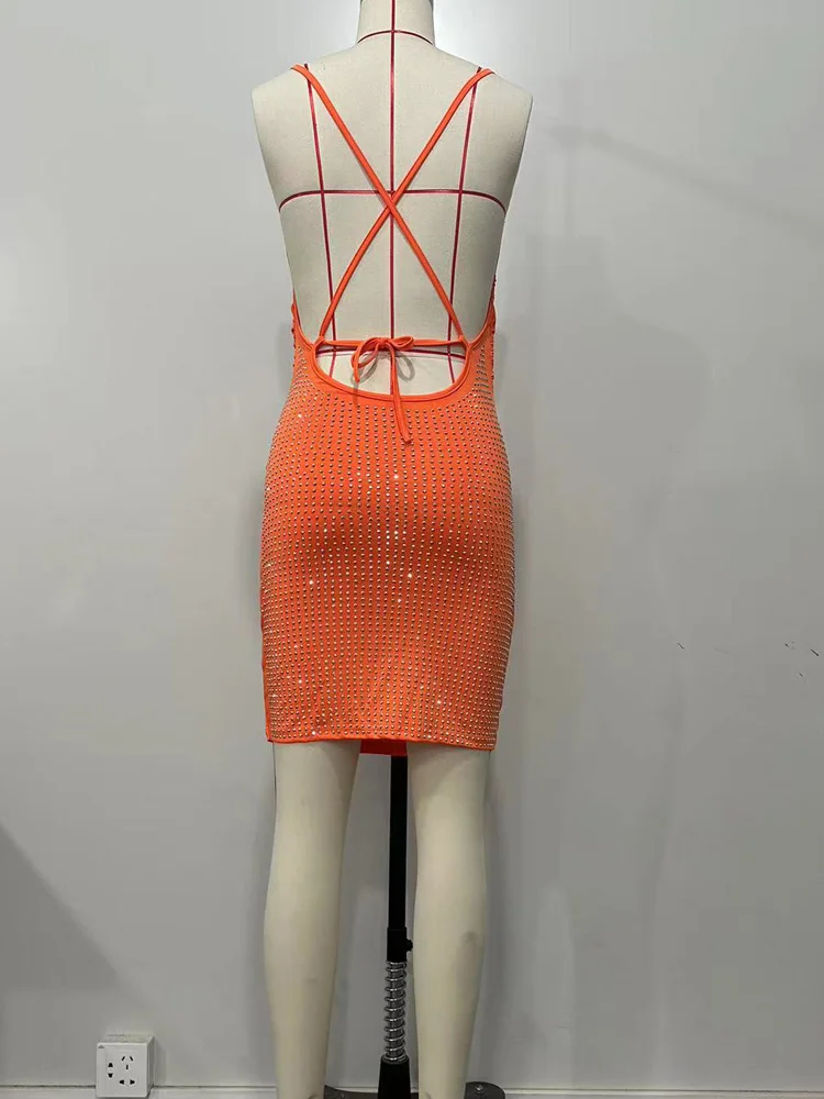 Beyprern Women Orange Backless Hot Drill Spaghetti Strap Wapped Skirt Ruched Bodycon Cami Mini Dress Glam Sequins Party Dresses