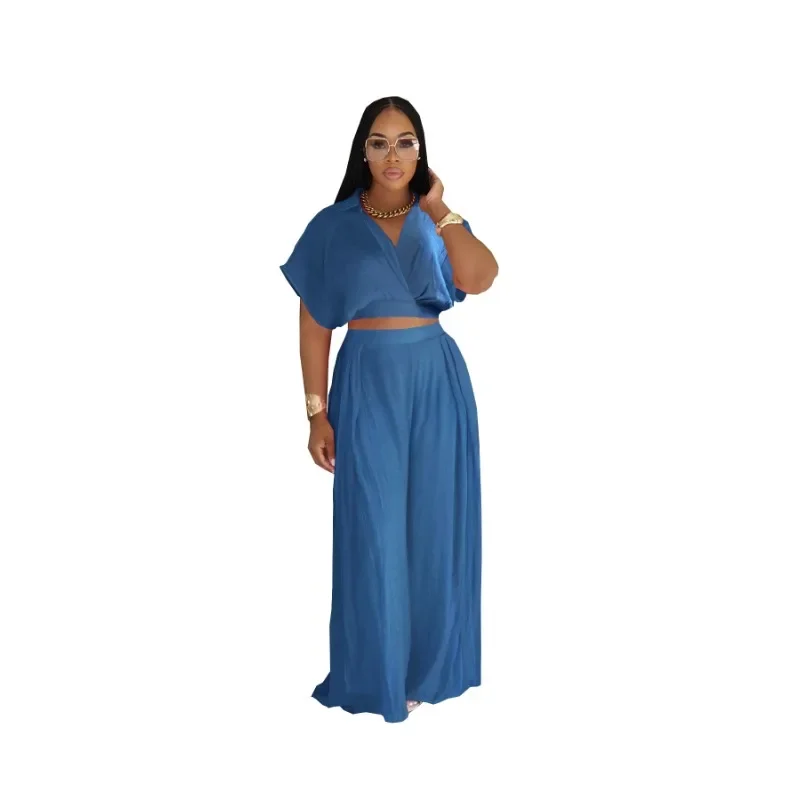 

Women Casual Solid Holiday Beach 2 Piece Set 2025 Summer V-neck Short Sleeve Shirts Crop Tops + Loose Wide Leg Pants Suits