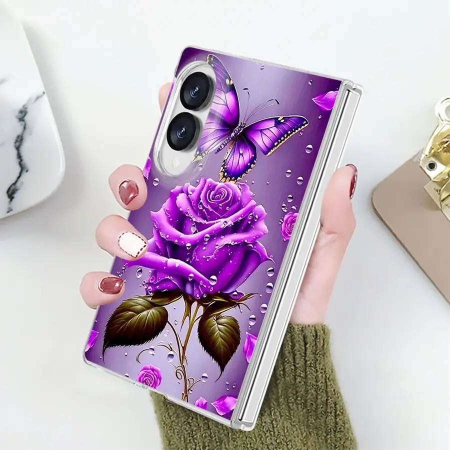 Case for Samsung Galaxy Z Fold 8 PC Hard Luxury ZFold8 ZFold 8 Transparent Phone Cover Purple Rose