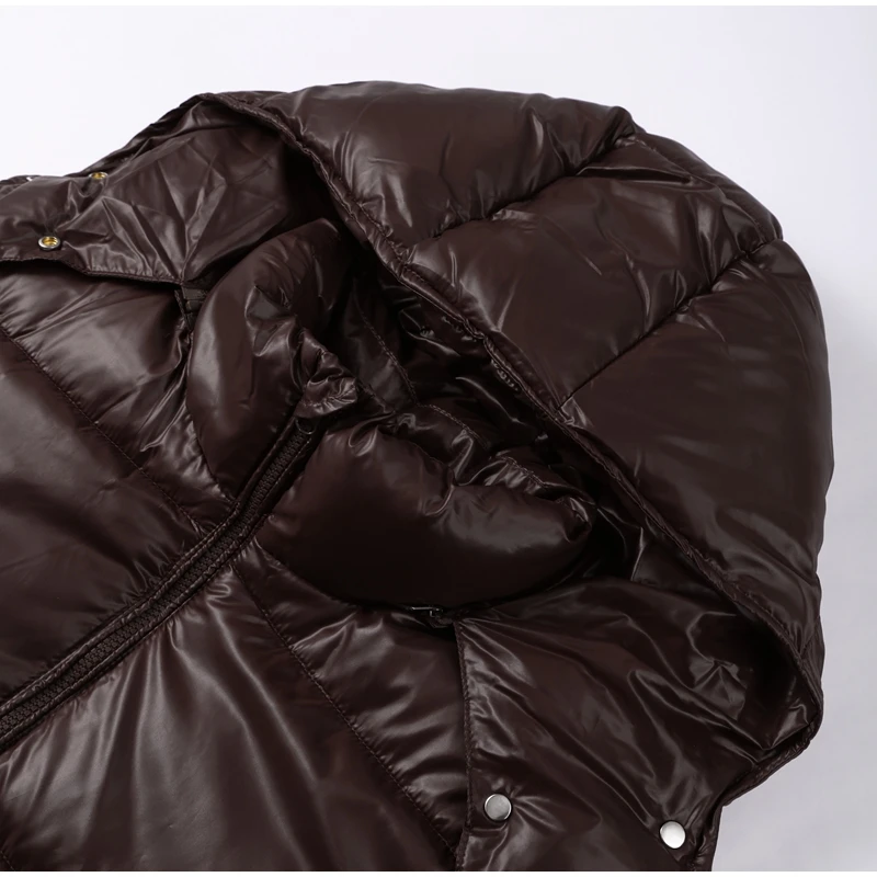 Glossy Cropped Hooded Puffer Coat Drawstring Hem Zip-Up 2026 Winter Women Warm Padded Jacket Warm Causal Lady Cotton‑Padded Coat