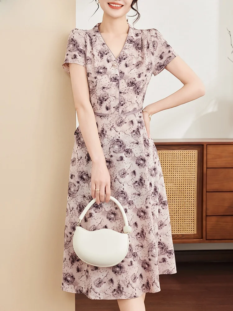 

Летняя модная юбка миди из шифона с V-образным вырезом и коротким рукавом в корейском стиле для молодых мам и женщин среднего возраста