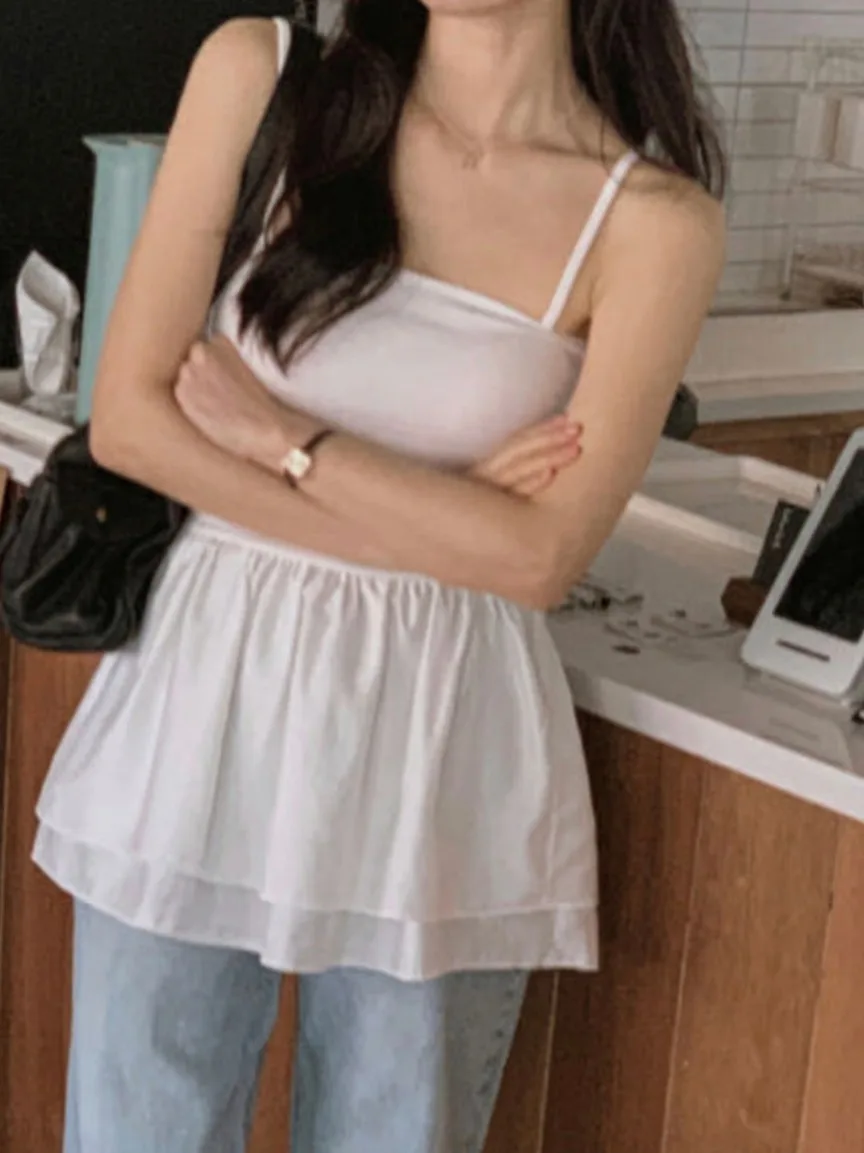 Elegant Chic Sleeveless Vest Women's Fashion Summer New Style Vintage Inner Wear Ruffle  Strap Design Polyester Fiber